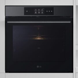 LG WSED7665B built-in oven in black glass with stainless steel handle, interior lit and visible through the closed door