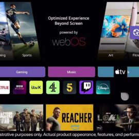 webOS home screen showing Movies and TV, Gaming, Sports, Art, Fitness and Music rows with Netflix, Disney+, ITVX and Apple TV app tiles