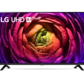 LG 43UR73006LA 43 inch UHD TV shown from the front on two angled feet, displaying a pink and orange flower