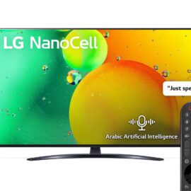 LG 55NANO796QA 55 inch television on a central pedestal stand with the black LG remote alongside