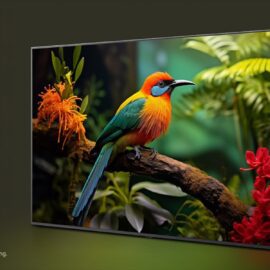 LG QNED television at an angle showing a colourful bird on a branch, with a panel grid diagram behind the screen