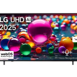 LG 55UA85006LA front view on two feet, screen reading LG UHD AI 2025 with webOS Re:New Program and Voice Recognition, remote shown beside it