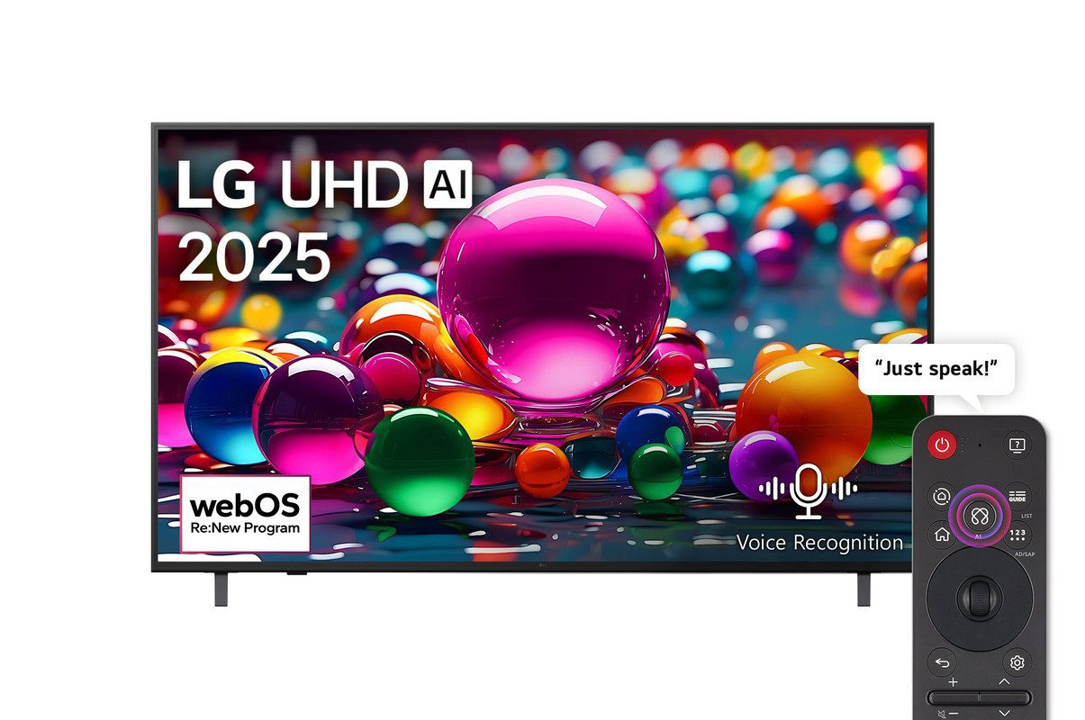 LG 55UA85006LA 55" 1 LG 55UA85006LA front view on two feet, screen reading LG UHD AI 2025 with webOS Re:New Program and Voice Recognition, remote shown beside it
