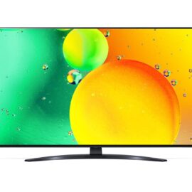 Front view of the LG 65NANO796QA 65 inch NanoCell TV showing a green and orange bubble image on screen