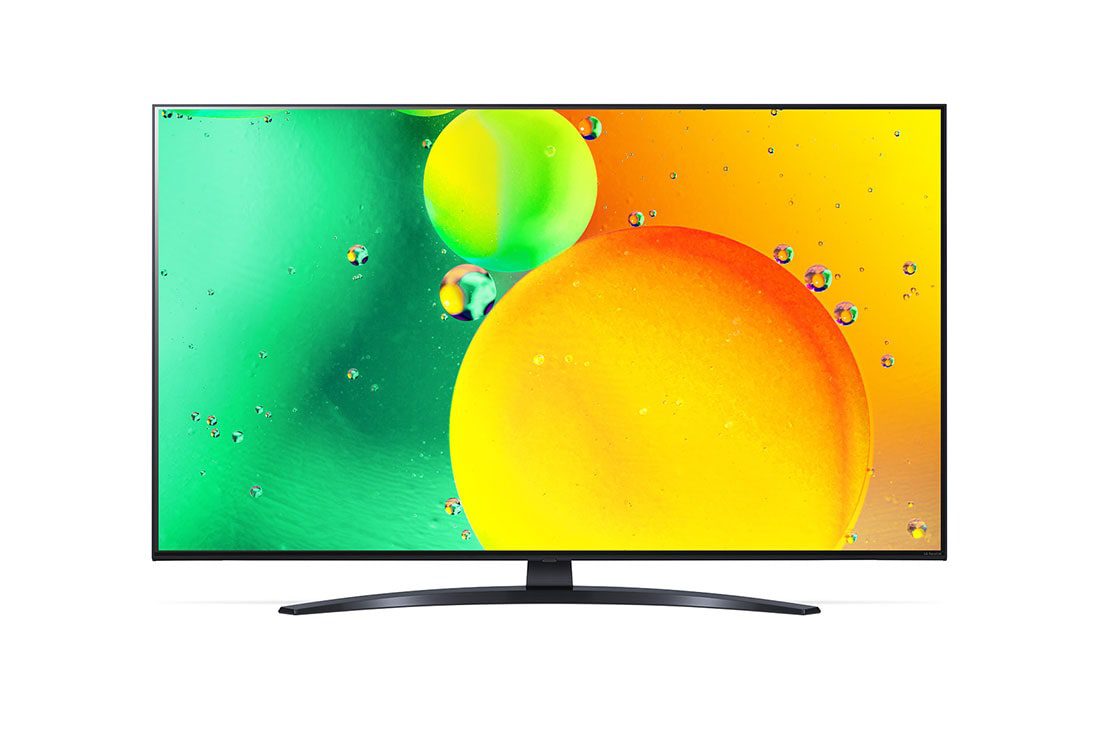 LG 65NANO796QA 65" 1 Front view of the LG 65NANO796QA 65 inch NanoCell TV showing a green and orange bubble image on screen