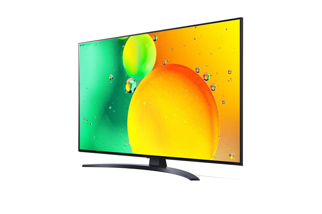 LG 65NANO796QA 65" 2 LG 65NANO796QA seen at an angle, showing the slim side profile and the curved pedestal base