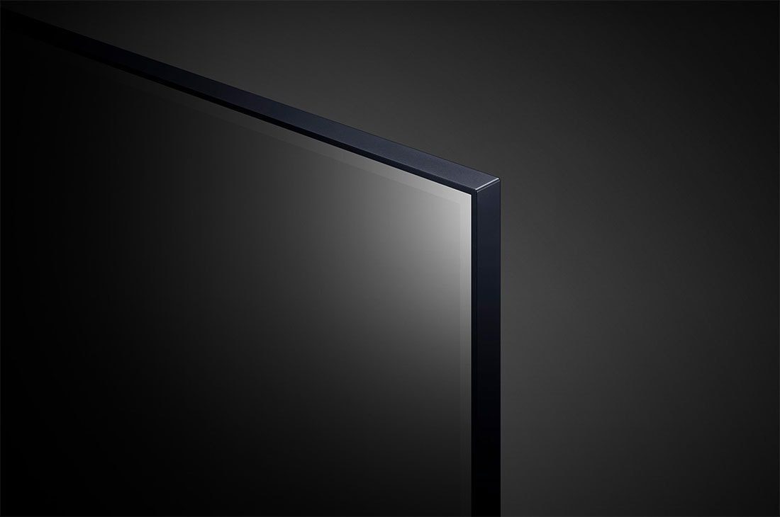 LG 65NANO796QA 65" 5 Close-up of the top corner of the LG 65NANO796QA showing the thin black bezel and flat panel edge