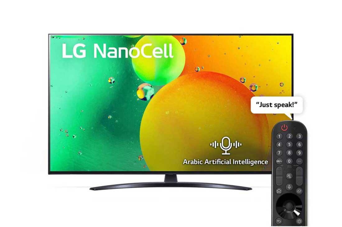 LG 65NANO796QA 65" 3 LG 65NANO796QA with LG NanoCell on screen, shown beside a black remote with a microphone button and number keypad