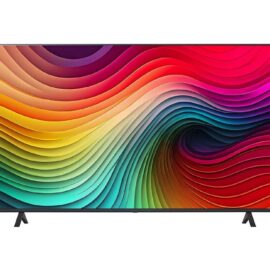 LG 65NANO80T6A seen straight on, colourful wave pattern on screen, thin dark frame and two angled feet