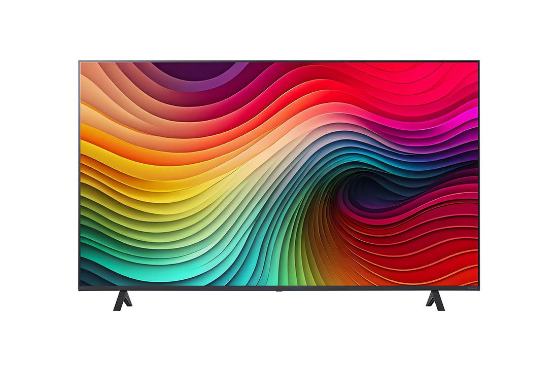 LG 65NANO80T6A 65" 1 LG 65NANO80T6A seen straight on, colourful wave pattern on screen, thin dark frame and two angled feet