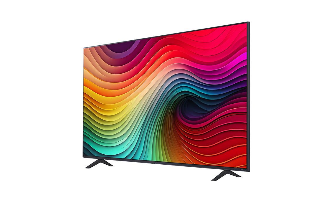 LG 65NANO80T6A 65" 3 LG 65NANO80T6A turned at an angle, showing the slim side profile of the panel and the two feet