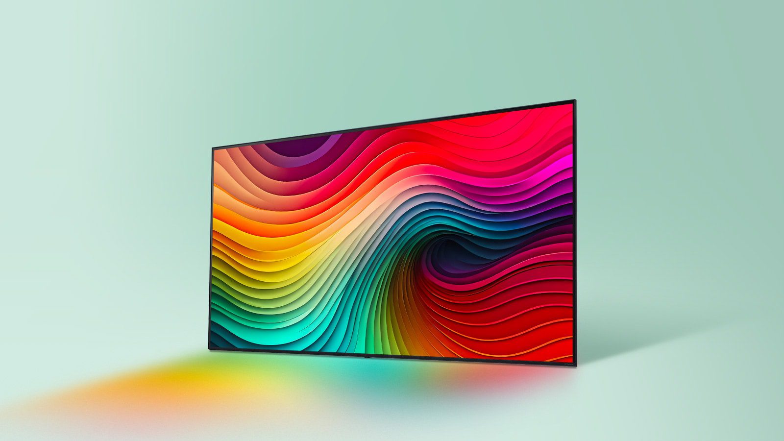 LG 65NANO80T6A 65" 5 LG 65NANO80T6A at an angle on a pale green background, screen showing a colour wave pattern