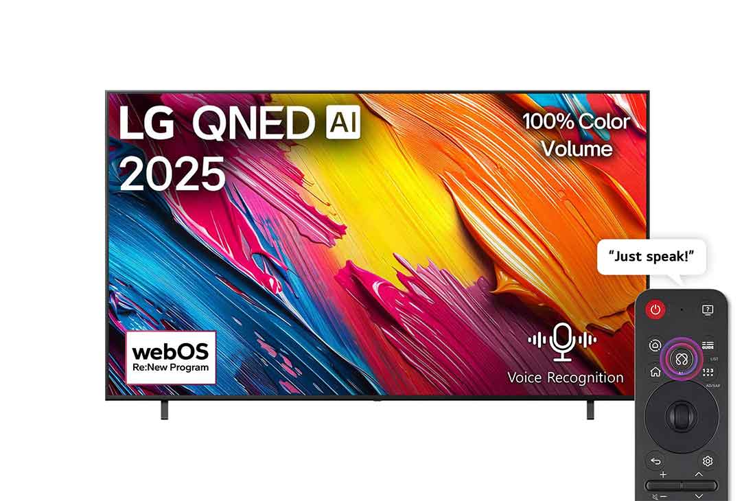 LG 65QNED70A6A 65" 1 LG QNED television on two feet, screen showing coloured brush strokes with LG QNED AI 2025 text, and the Magic Remote beside it