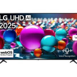 LG 65UA85006LA 65 inch TV in black on two feet with its remote control alongside