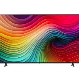 LG 86NANO80T6A seen straight on, showing a colourful wave pattern on screen and two dark angled feet
