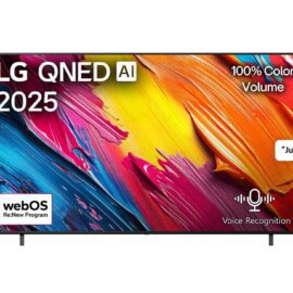 LG QNED television on two feet showing a colourful paint brushstroke image, with the Magic Remote pictured beside it