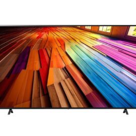 LG 86UT80006LA UHD TV seen straight on, screen showing a colourful wooden floor image
