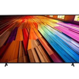 Front view of the LG 86 inch UHD television on two dark feet, colourful wood pattern on screen