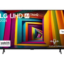 LG 98UT90006LA 98 inch 4K TV seen from the front with the Magic Remote alongside