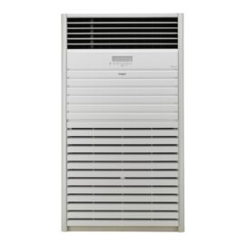 Front view of the white LG floor standing air conditioner cabinet with top discharge grille, front display panel and full height return air grille
