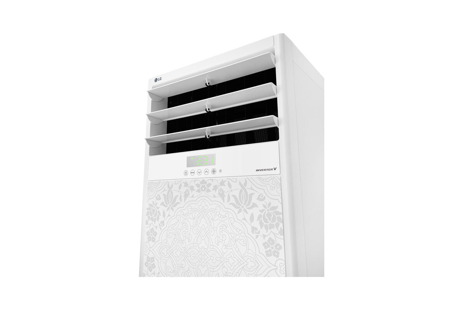 LG AP-Q30GS1K1 3 LG Air Tower 2024 Floor Standing Air conditioner ThinQ 3 Close view of the top of the unit showing three white louvres, the green temperature display reading 23 and six control buttons