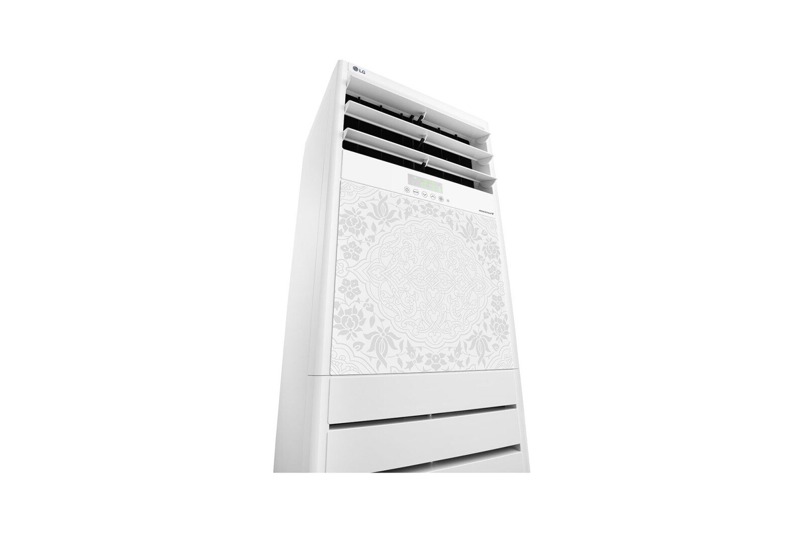 LG AP-Q30GS1K1 3 LG Air Tower 2024 Floor Standing Air conditioner ThinQ 2 Angled view of the LG floor standing air conditioner showing the patterned front panel and the open top louvres
