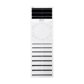 Full front view of the white LG floor standing air conditioner with three louvres at the top, a digital display and a tall louvred base