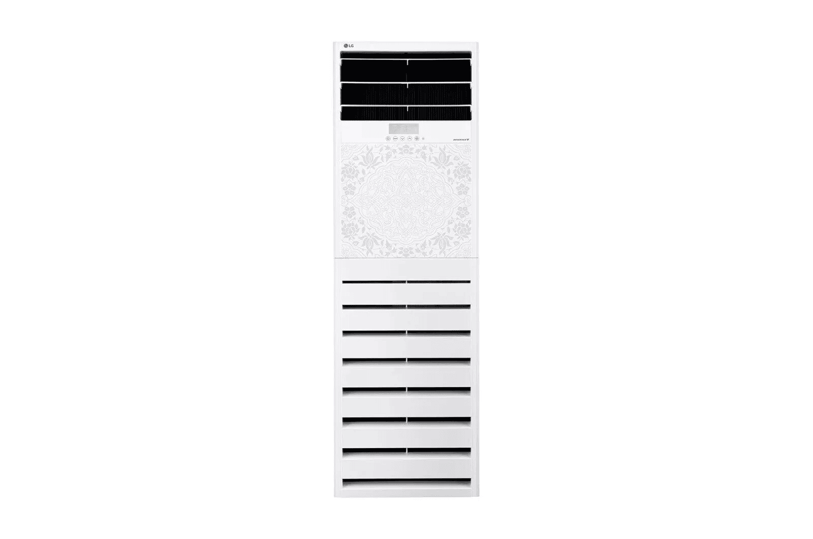 LG AP-Q30GS1K1 3 LG Air Tower 2024 Floor Standing Air conditioner ThinQ 1 Full front view of the white LG floor standing air conditioner with three louvres at the top, a digital display and a tall louvred base