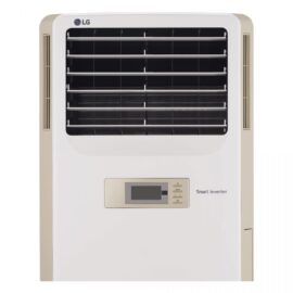 Front view of the white LG AP-Q48LT3S1 floor standing air conditioner with louvred grille and front control display