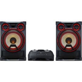 Two tall black LG speaker towers either side of a low black central control unit, each tower with two ring-lit tweeters above a large woofer
