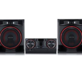 LG CL65 XBOOM system straight on, two black speakers with red driver rings and a centre control unit