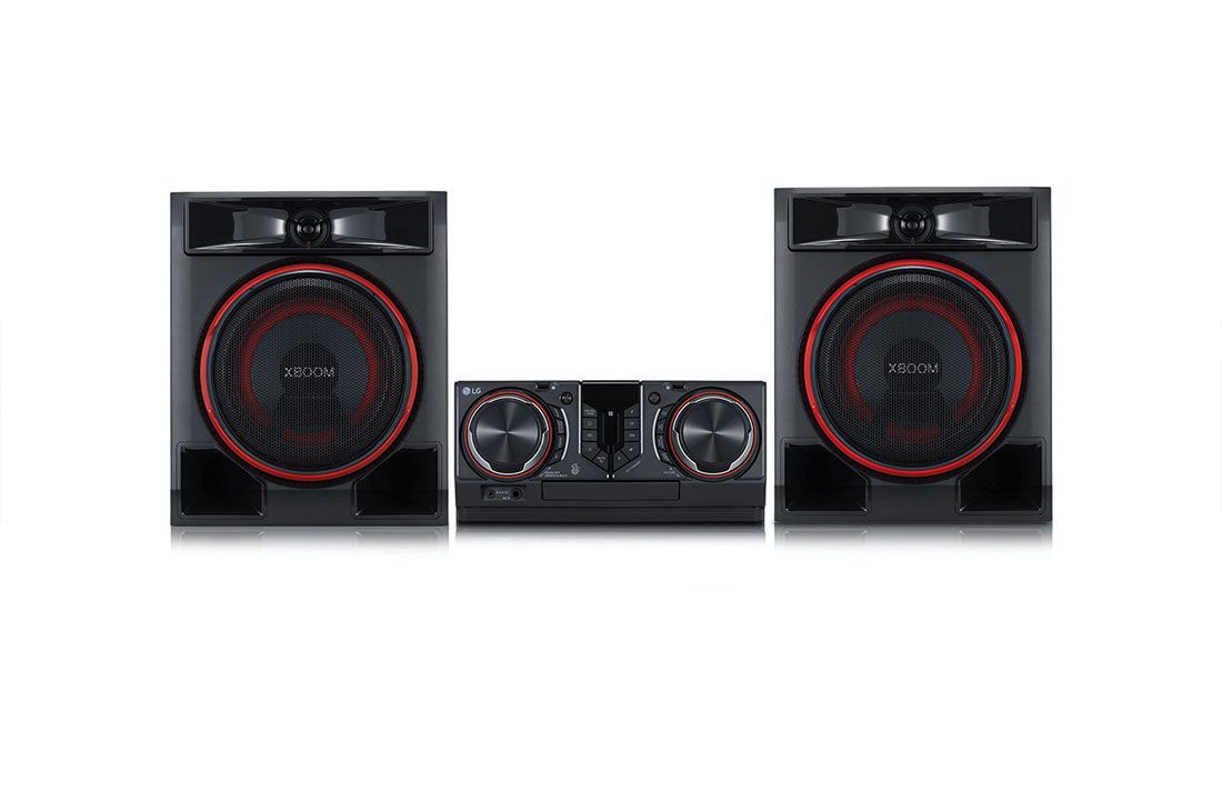 LG CL65 900W 1 LG CL65 XBOOM system straight on, two black speakers with red driver rings and a centre control unit