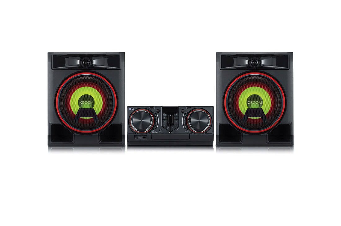 LG CL65 900W 4 LG CL65 XBOOM with the speaker drivers lit green inside red rings