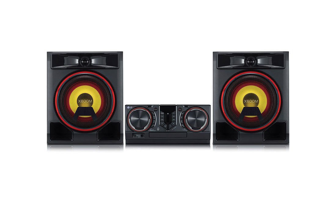 LG CL65 900W 3 LG CL65 XBOOM with the speaker drivers lit yellow and orange