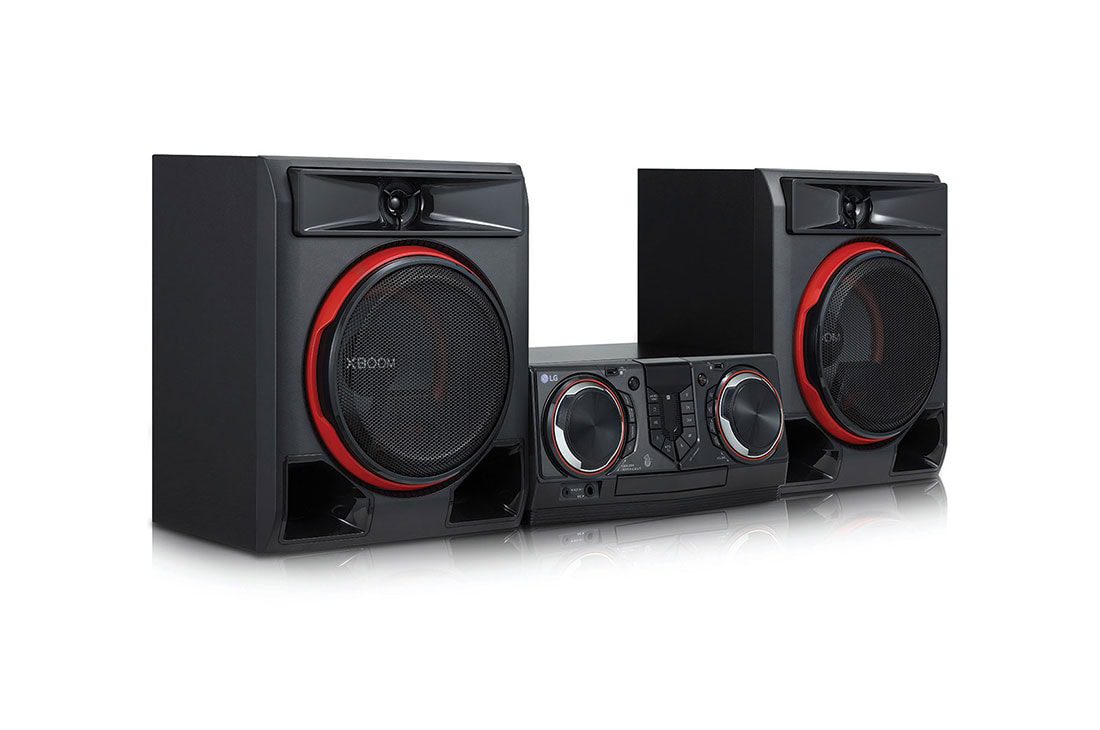 LG CL65 900W 5 Angled view from the other side showing the tweeter horns above each bass driver
