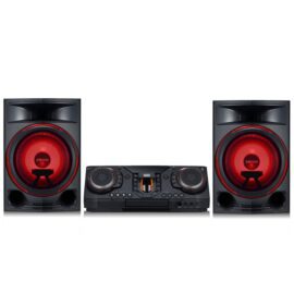 LG XBOOM CL87 with two tall black speakers either side of the main control unit, the woofer rings lit up red