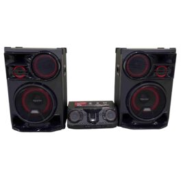 The LG XBOOM CL98 with two tall black speakers either side of the black control unit, red lighting rings around the drivers