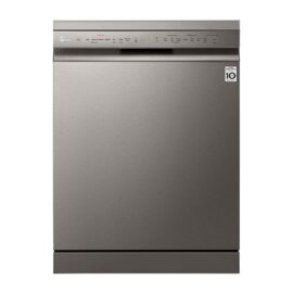 Front view of the LG DFB425FP dishwasher in platinum silver with touch controls along the top edge of the door