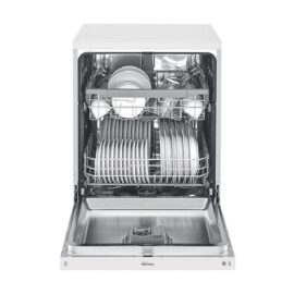 LG DFB512FW white dishwasher with door open and both racks loaded with plates, bowls and glasses