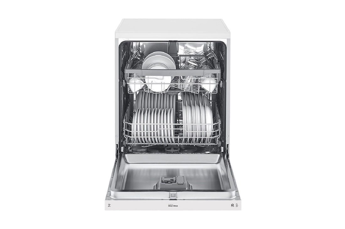 LG DFB512FW 14 Place 1 LG DFB512FW white dishwasher with door open and both racks loaded with plates, bowls and glasses