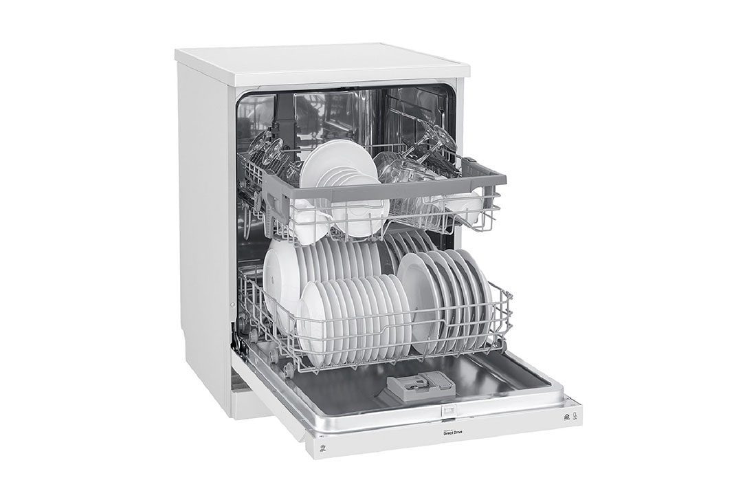 LG DFB512FW 14 Place 3 Angled view of the loaded dishwasher showing the upper rack pulled out with the cutlery tray above it