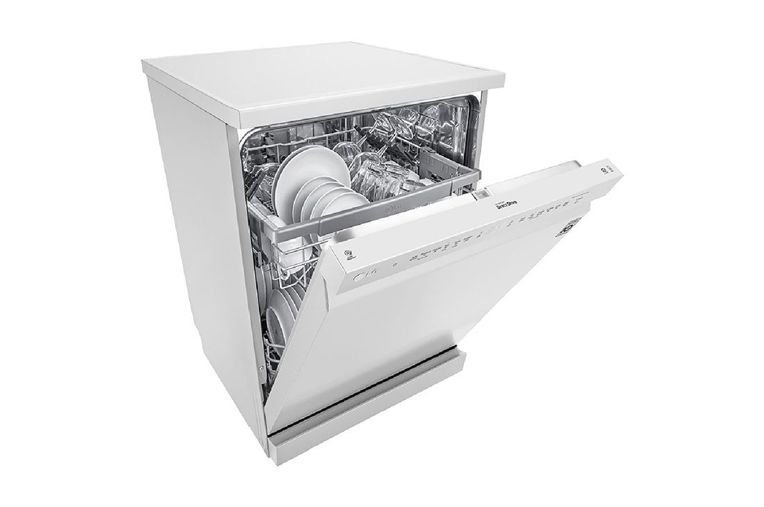 LG DFB512FW 14 Place 4 Angled view of the dishwasher with the front door part open, showing the button row and LCD on the top edge