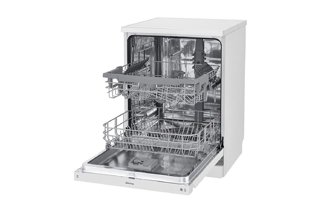 LG DFB512FW 14 Place 5 Angled view of the empty interior with the upper rack extended and the stainless steel tub visible