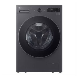 LG F0Z6DYP24 front load washing machine in dark silver, seen straight on with the door closed