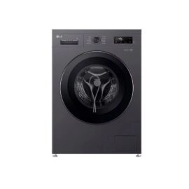 Front view of the LG F2Y1HYP6J 7kg front loader in Middle Black with detergent drawer, dial and LED display