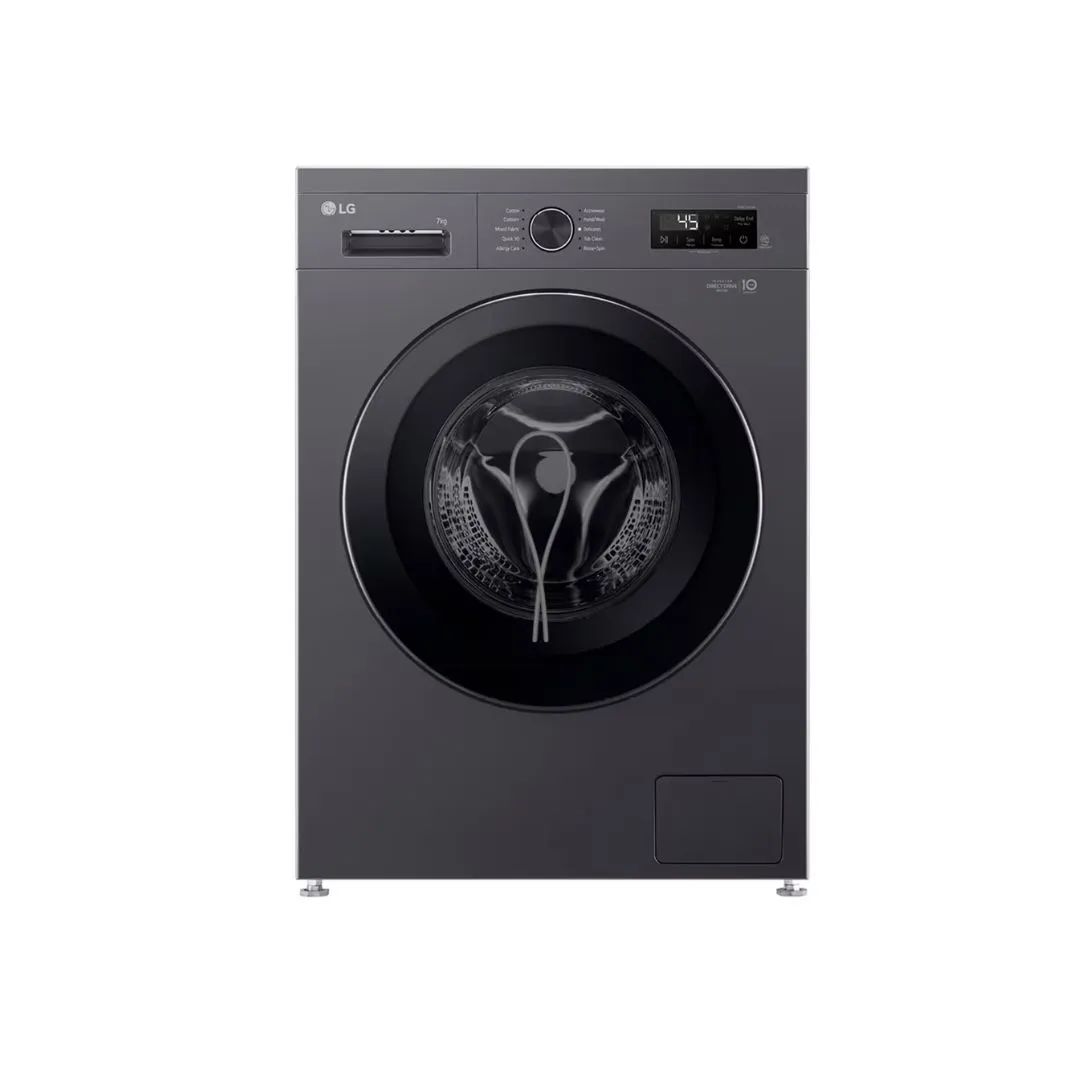 LG F2Y1HYP6J 7KG Washer, Energy Saving Inverter, AI DD, Smart ThinQ, White 1 Front view of the LG F2Y1HYP6J 7kg front loader in Middle Black with detergent drawer, dial and LED display