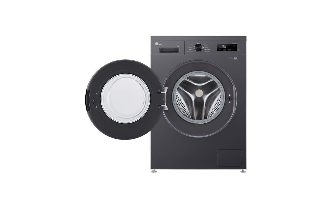 LG F2Y1HYP6J 7KG Washer, Energy Saving Inverter, AI DD, Smart ThinQ, White 2 The washing machine with the door swung fully open, showing the stainless steel drum