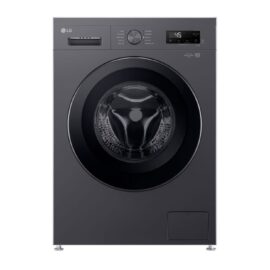 LG F2Y1TYP6JP front load washing machine seen straight on, dark metallic finish with a black door surround