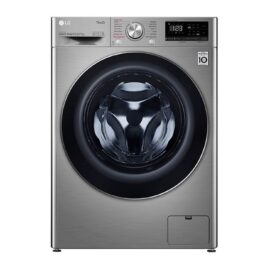 LG F4V5RGP2T silver front loading washer dryer seen straight on with the door closed