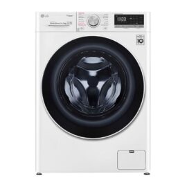 LG F4V5RYP2T front load washing machine seen straight on, white body with a large dark glass door and control panel across the top